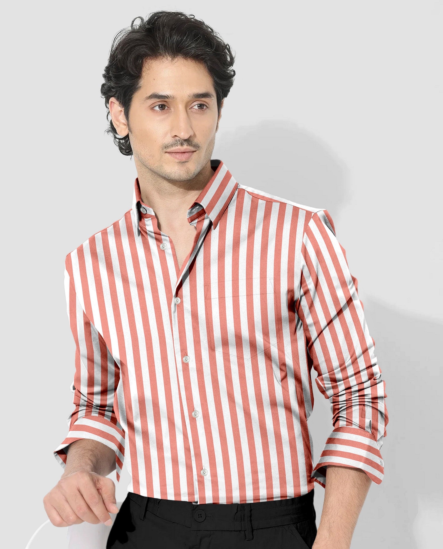 Apricot Blush Peach and White Awning Stripes Cotton Shirt