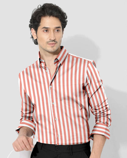 Apricot Blush Peach and White Awning Stripes Cotton Shirt