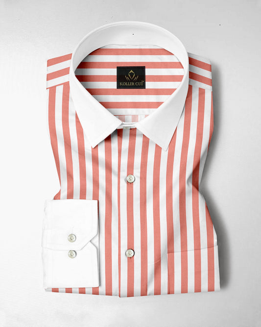 Apricot Blush Peach and White Awning Stripes Designer Cotton Shirt
