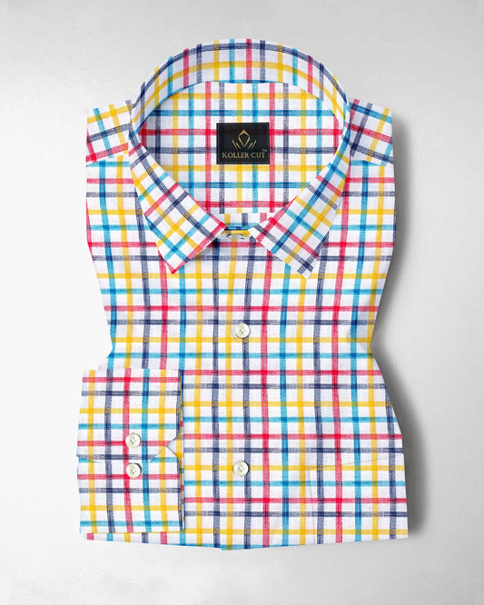 Salt White with Granita Red and Corn Yellow Multicolored Checks Cotton Linen Shirt