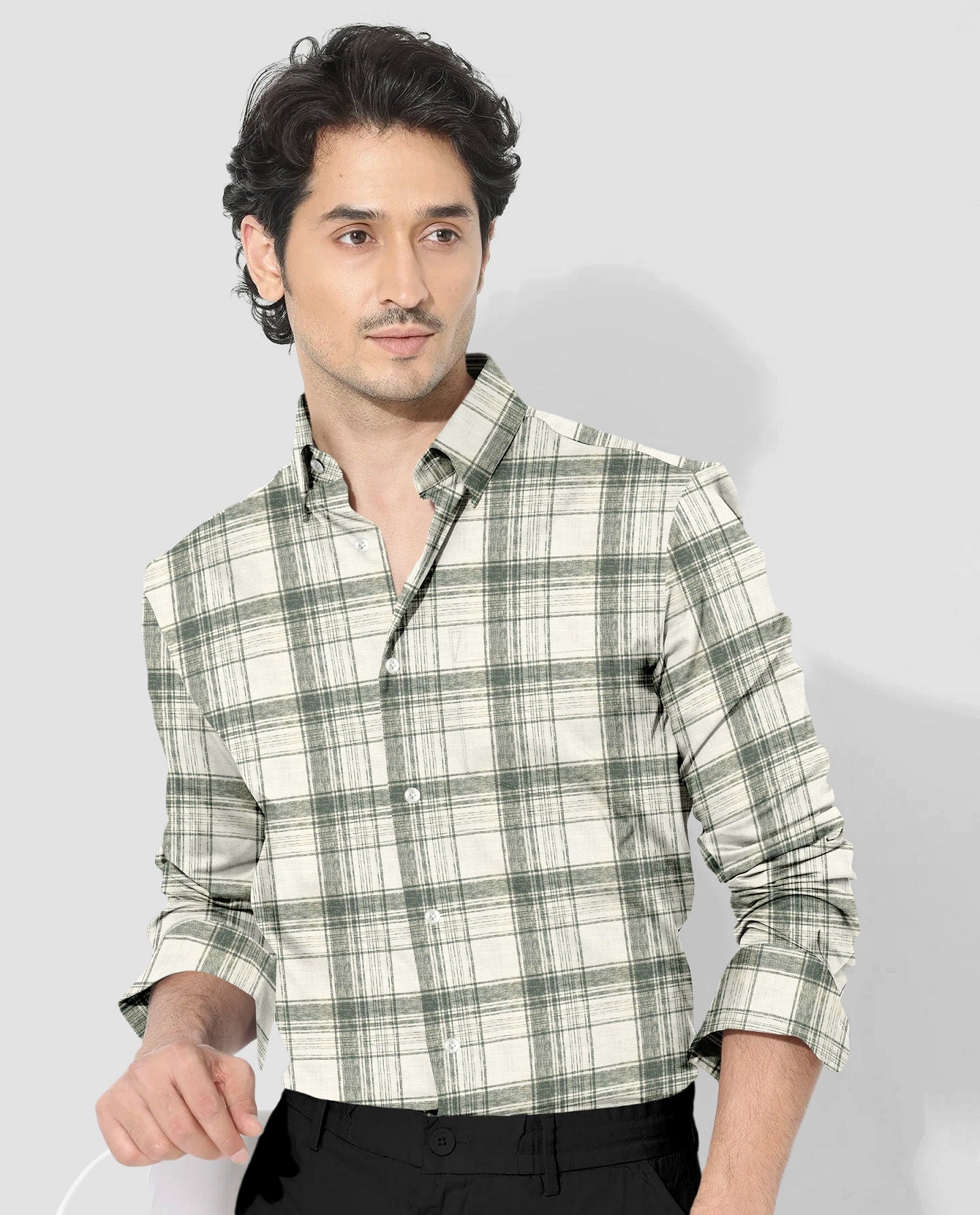 Beige and Agave Green Checks Cotton Linen Shirt