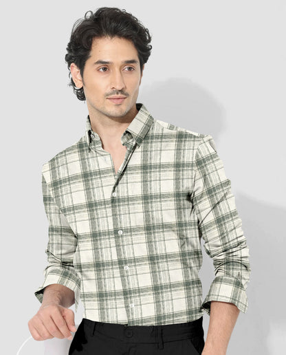 Beige and Agave Green Checks Cotton Linen Shirt