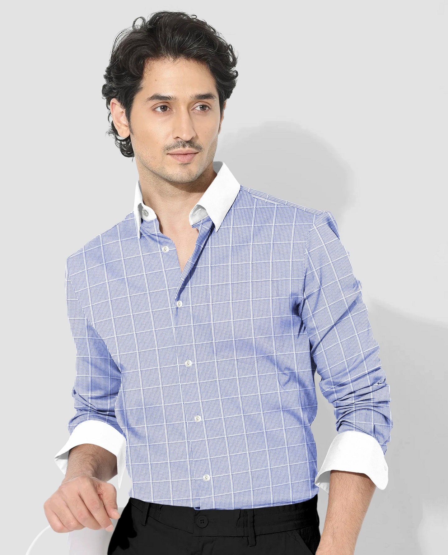 Ethereal Blue and Frost White Checks Designer Cotton Shirt
