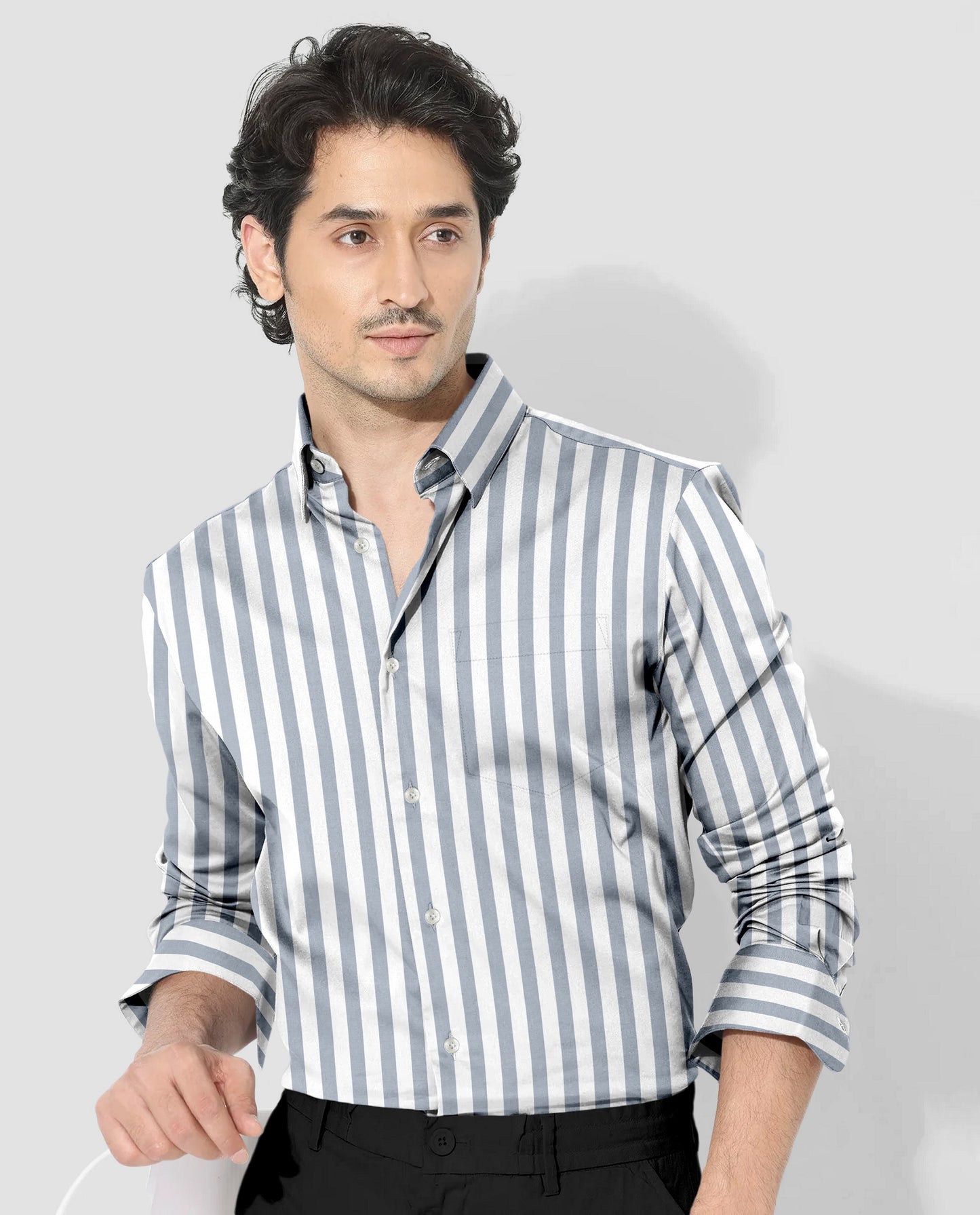 Lunar Gray and White Awning Stripes Cotton Shirt