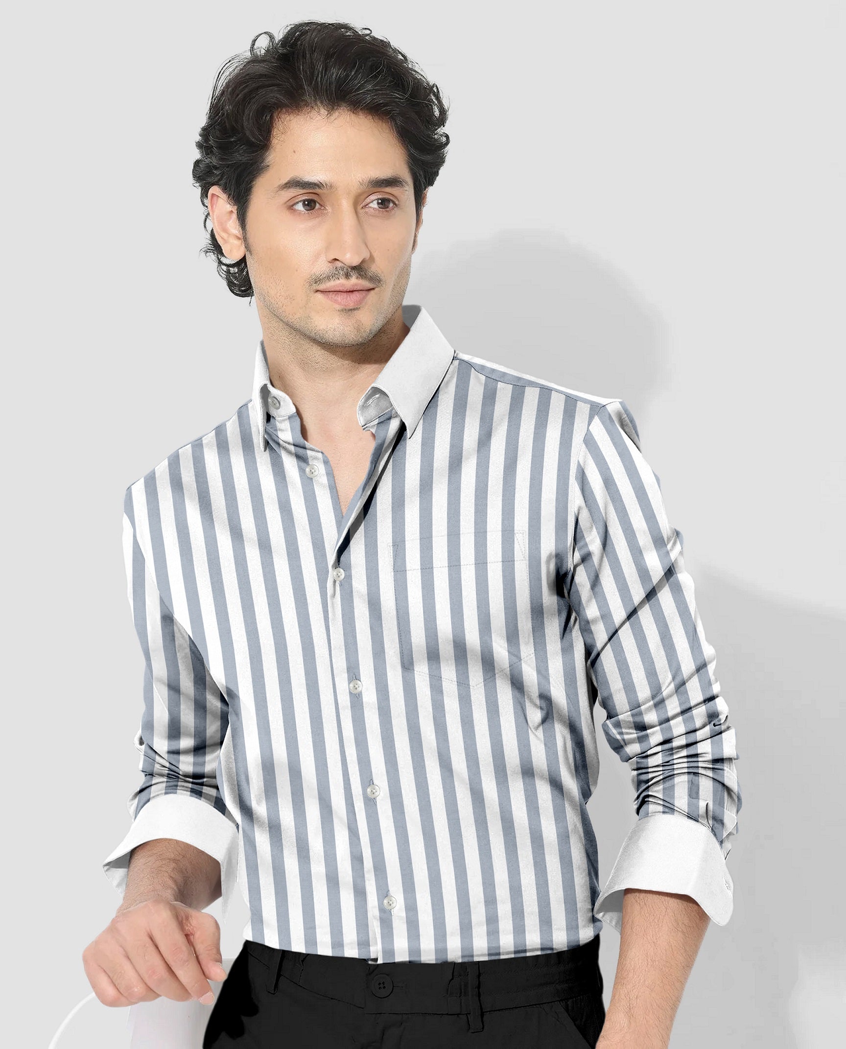 Lunar Gray and White Awning Stripes Designer Cotton Shirt 
