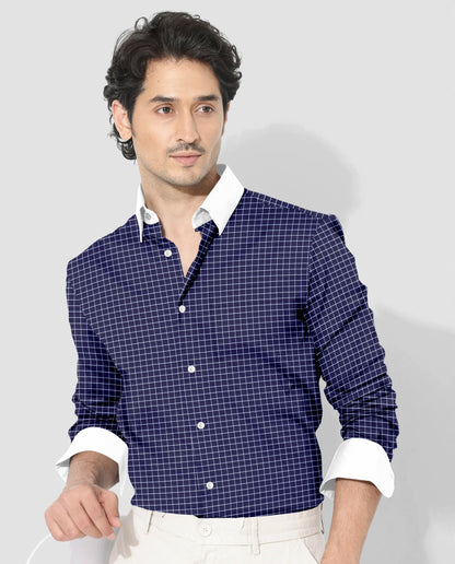 Monaco Blue and Snow White Checks Designer Cotton Shirt
