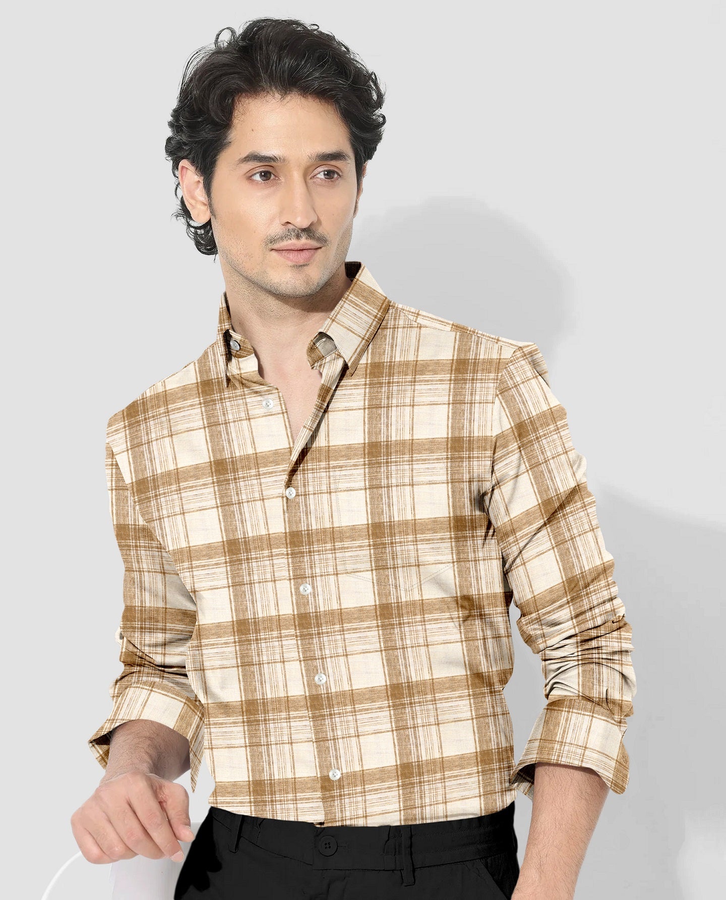 Beige and Hazelnut Brown Checks Cotton Linen Shirt