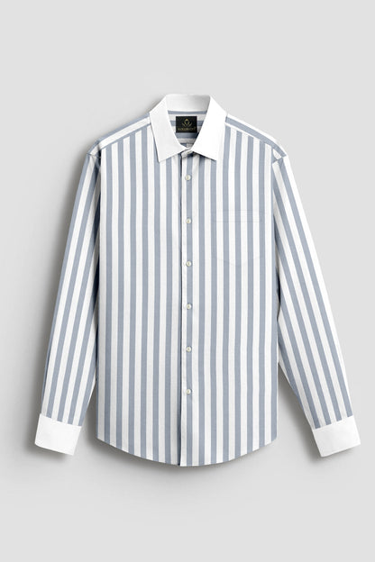 Lunar Gray and White Awning Stripes Designer Cotton Shirt 