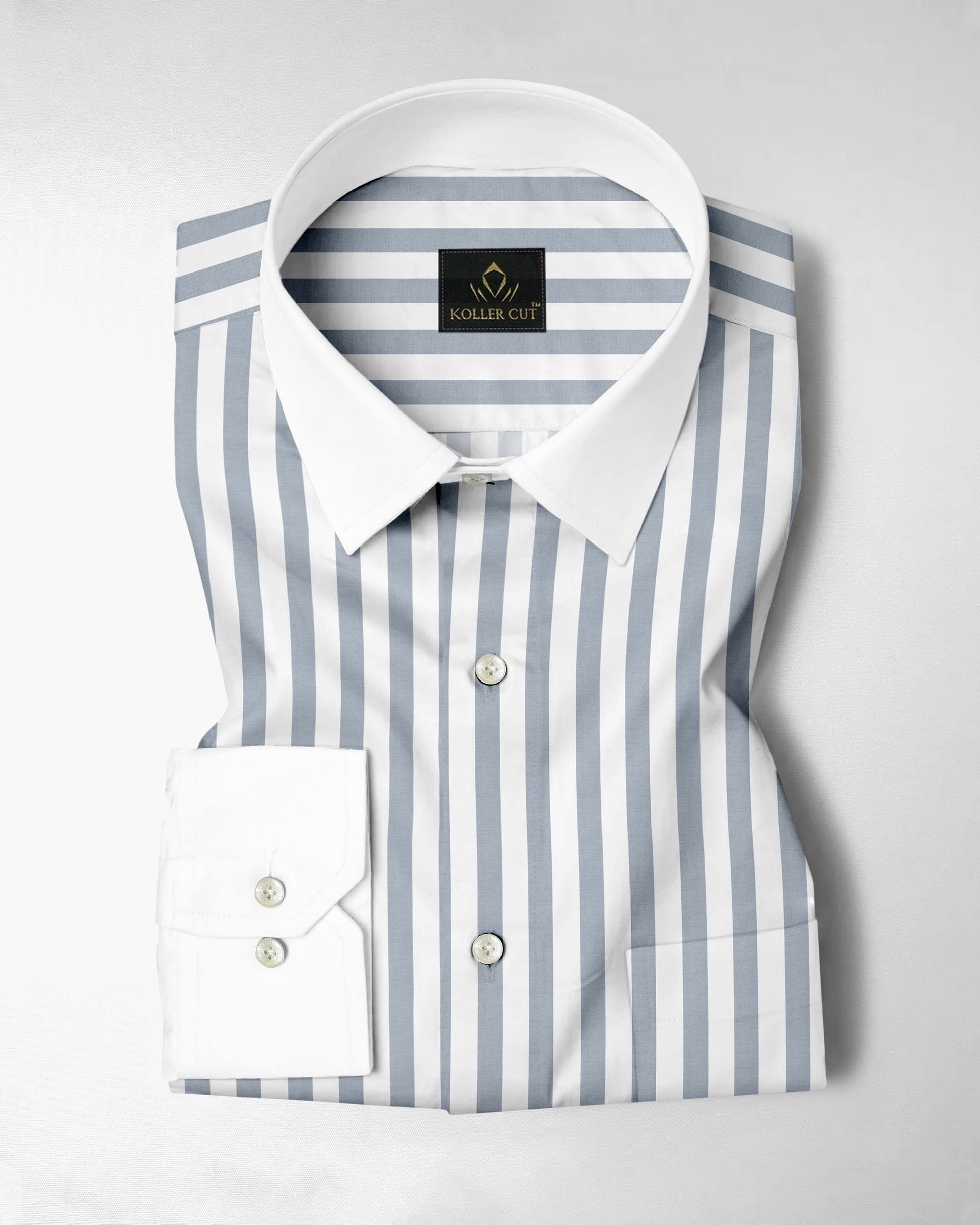 Lunar Gray and White Awning Stripes Designer Cotton Shirt 