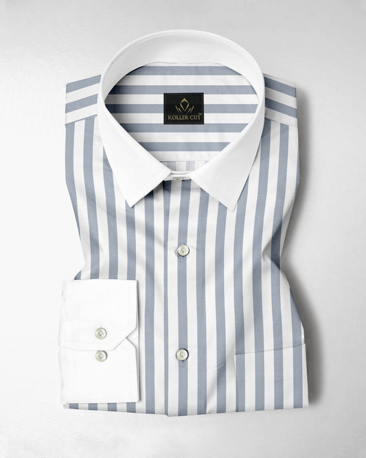 Lunar Gray and White Awning Stripes Designer Cotton Shirt 
