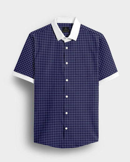 Monaco Blue and Snow White Checks Designer Cotton Shirt