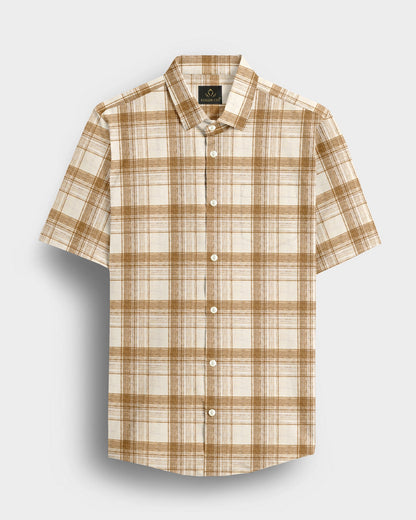 Beige and Hazelnut Brown Checks Cotton Linen Shirt