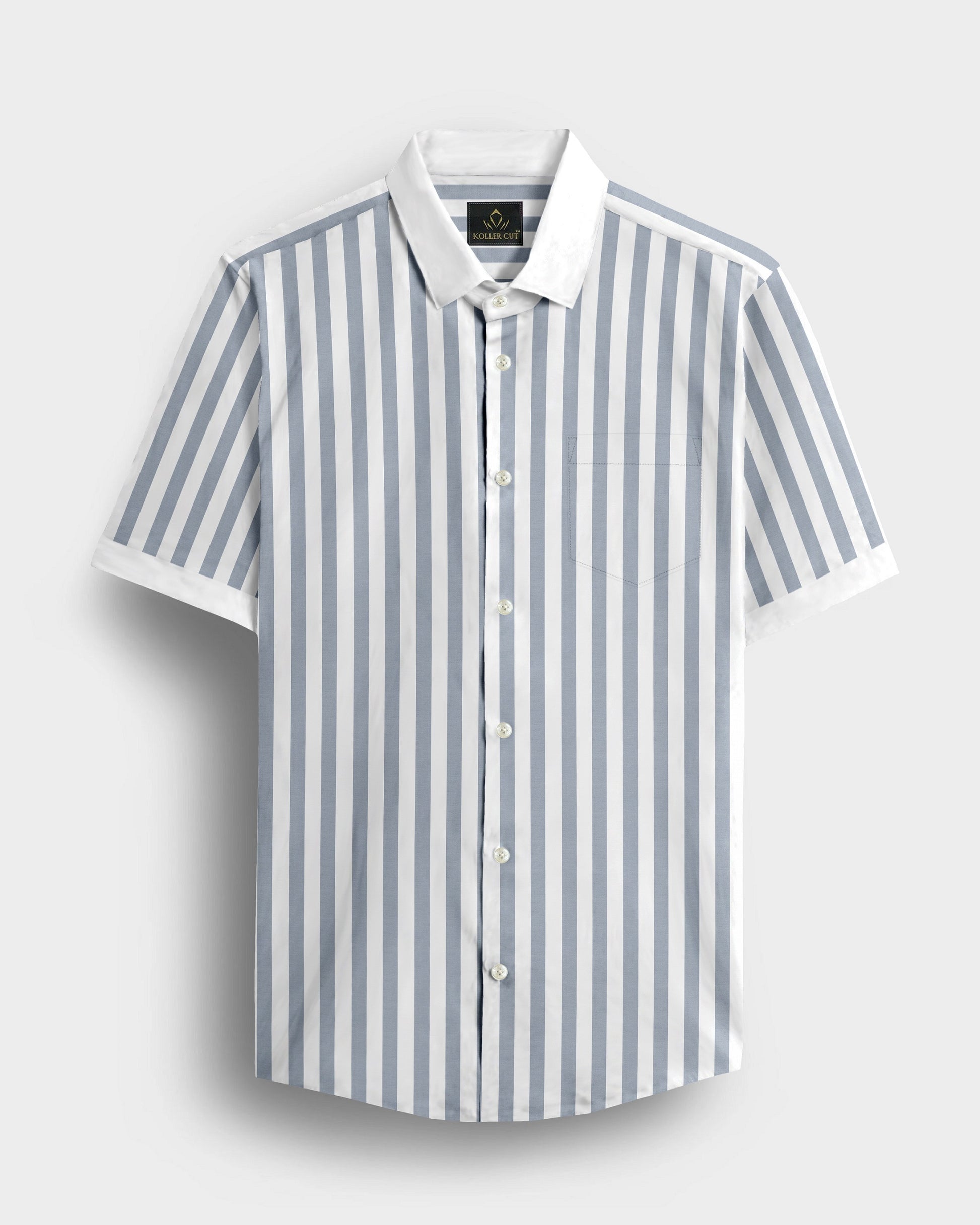 Lunar Gray and White Awning Stripes Designer Cotton Shirt 