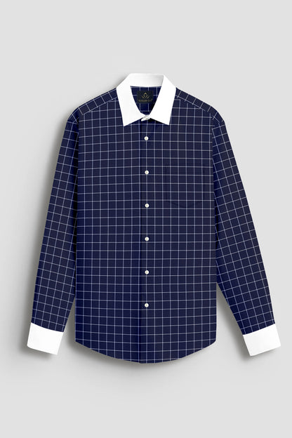 Sodalite Blue and Salt White Graph Checks Designer Cotton Shirt