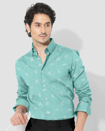 Opal Blue with White Oak Tree Leaves Jacquard Print Egyptian Giza Cotton Shirt