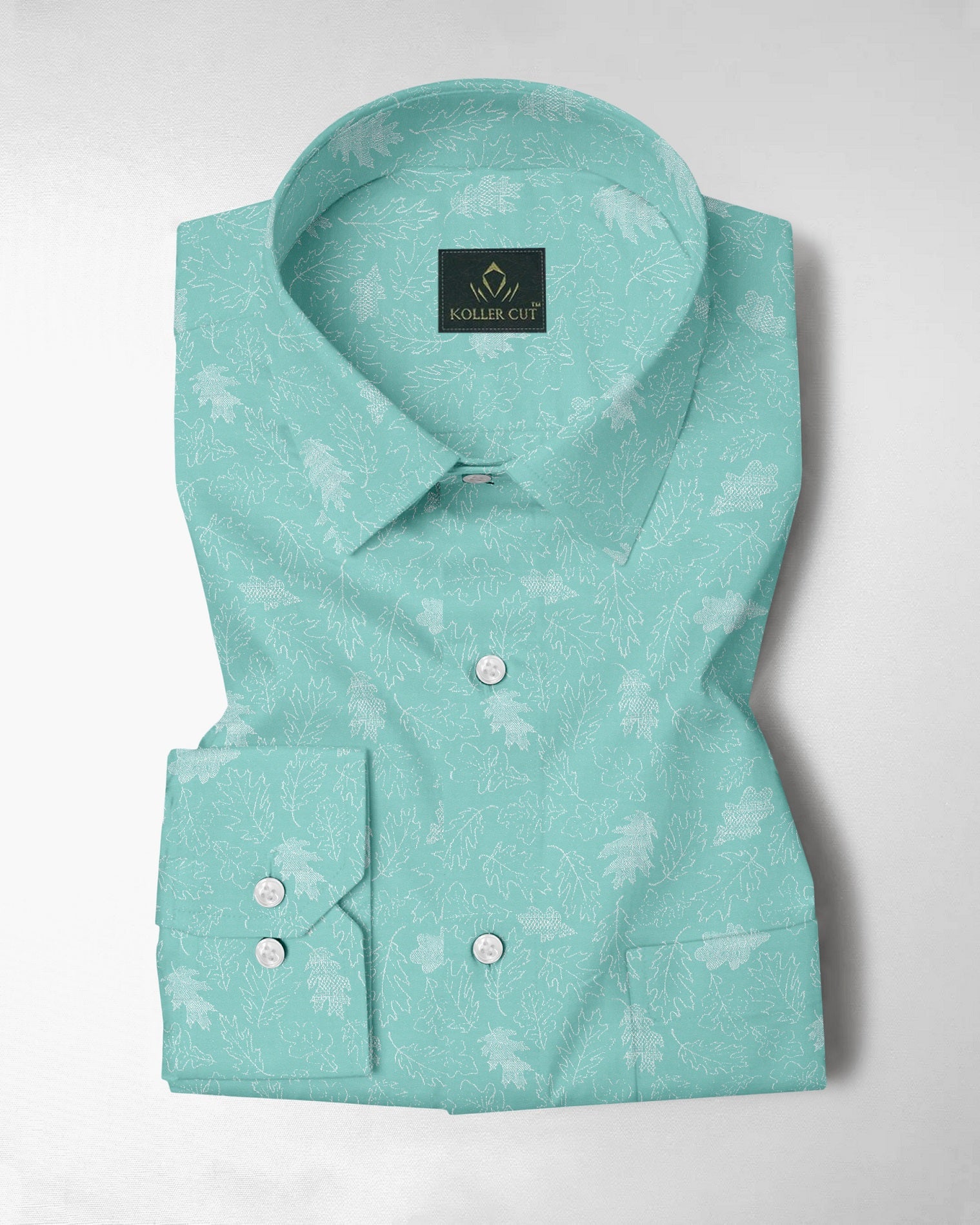 Opal Blue with White Oak Tree Leaves Jacquard Print Egyptian Giza Cotton Shirt