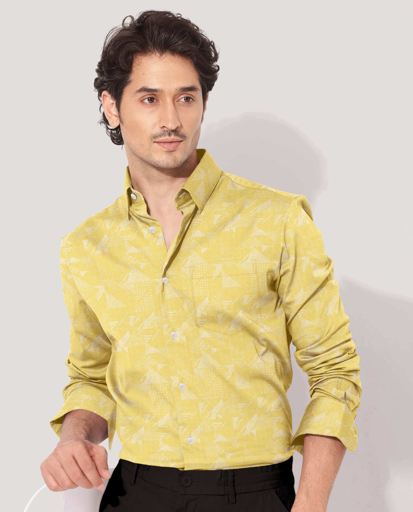 Minion Yellow and White Jacquard Abstract Print Egyptian Giza Cotton Shirt -Plus size Printed Shirt in India