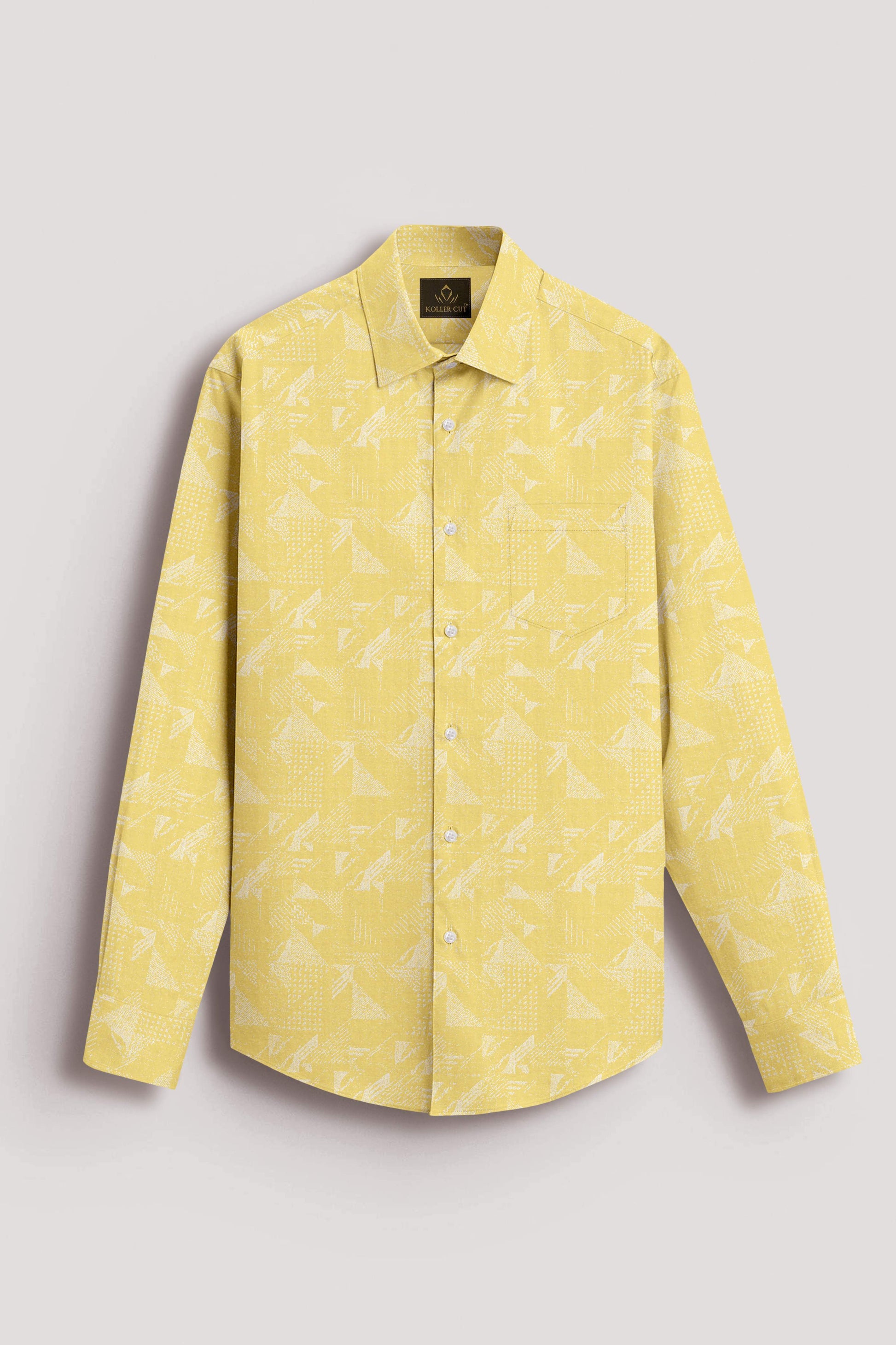 Minion Yellow and White Jacquard Abstract Print Egyptian Giza Cotton Shirt -Plus size Printed Shirt in India