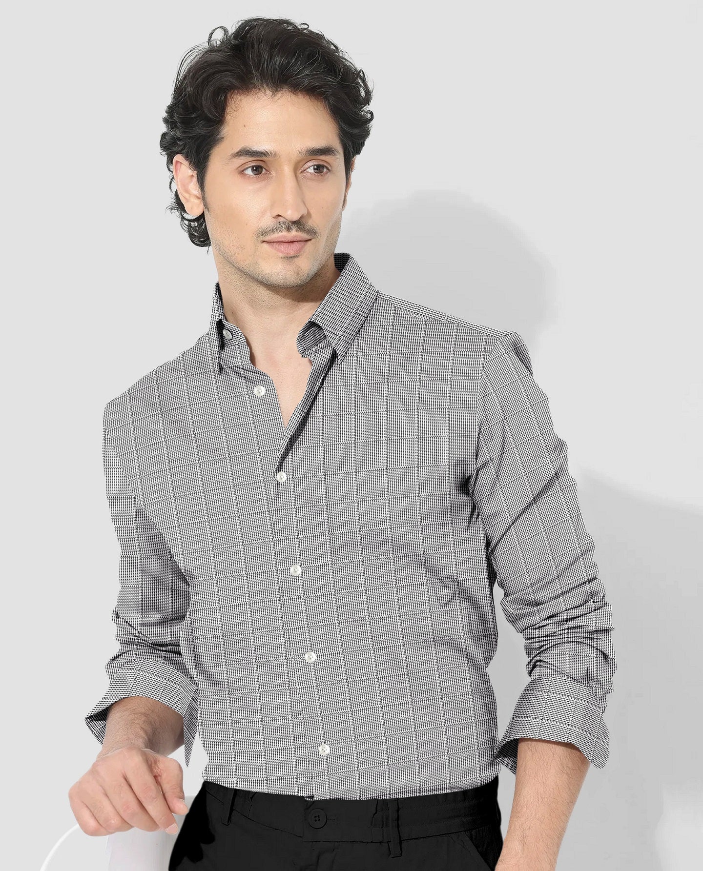 Coal Black and Frost White Checks Cotton Shirt
