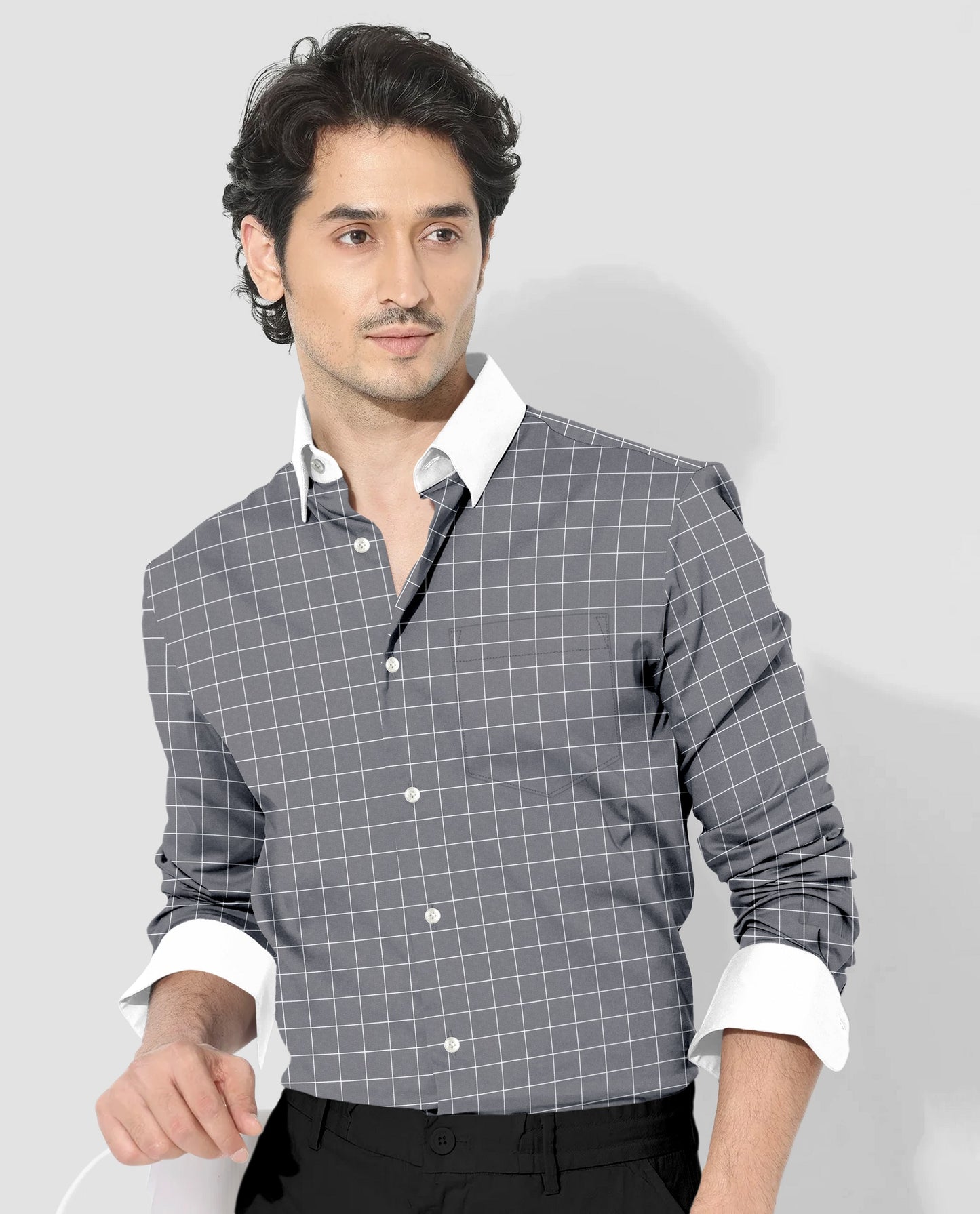 Titanium Gray and Salt White Graph Checks Designer Cotton Shirt