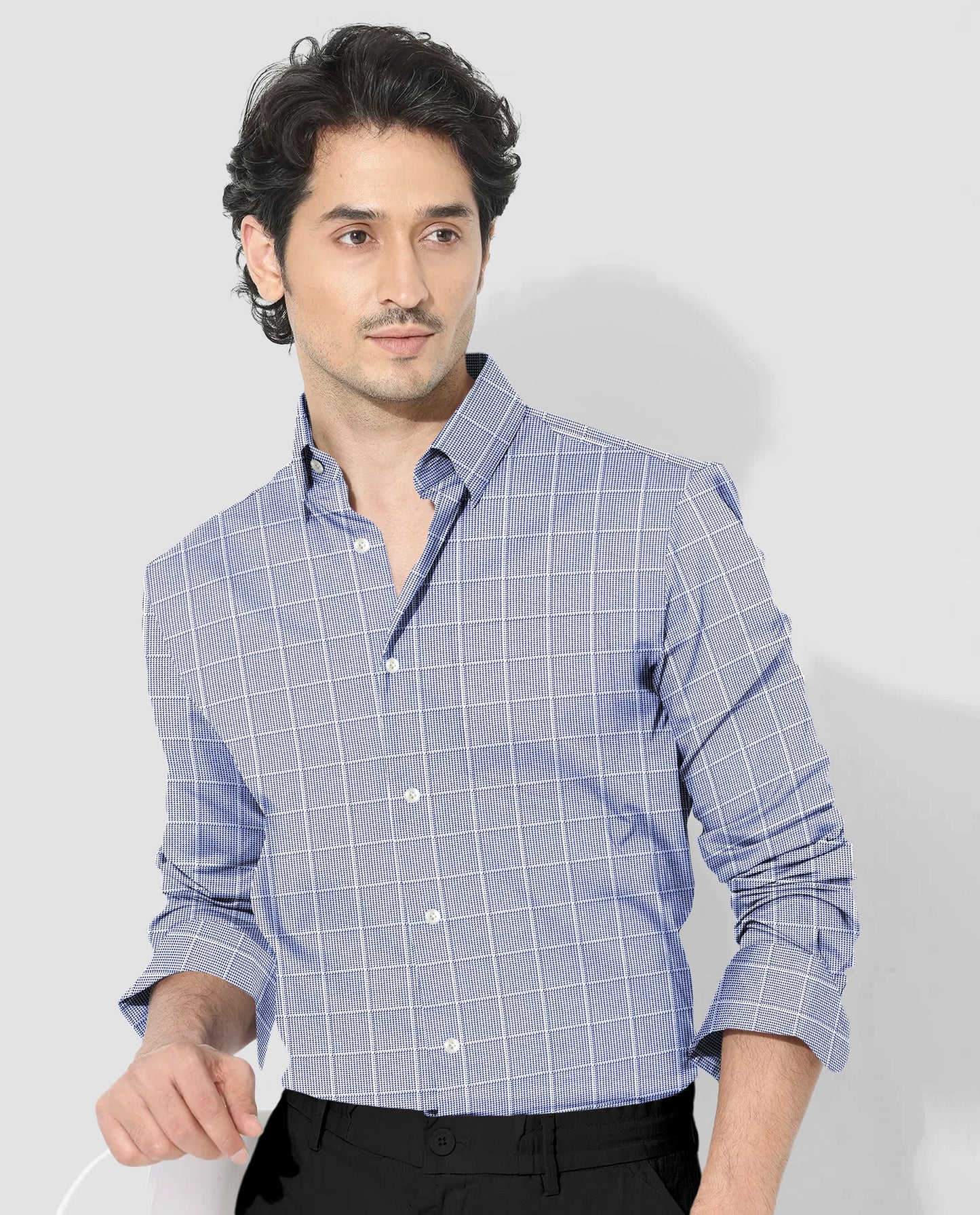 Ethereal Blue and Frost White Checks Cotton Shirt