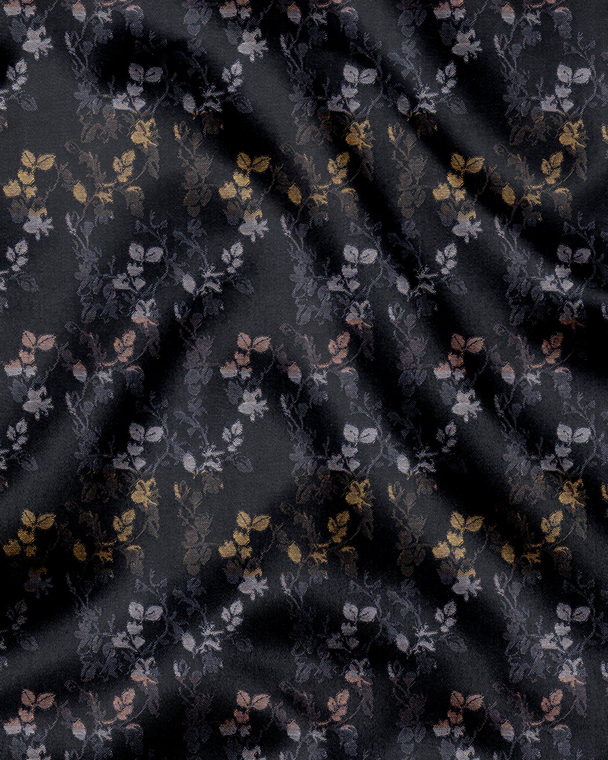Asphalt Black with Peach Pink and Pale Gold Jacquard Leaf Printed Stripes Cotton Shirt
