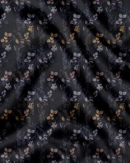 Asphalt Black with Peach Pink and Pale Gold Jacquard Leaf Printed Stripes Cotton Shirt