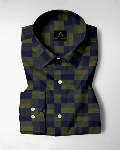 Cactus Green with Military Green and Moonlit Blue Rectangle Jacquard Checks Premium Egyptian Giza Cotton Shirt