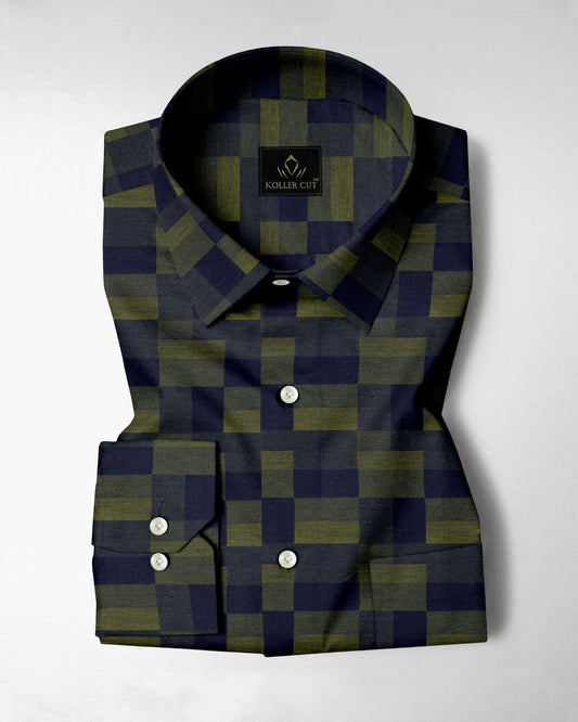 Cactus Green with Military Green and Moonlit Blue Rectangle Jacquard Checks Premium Egyptian Giza Cotton Shirt