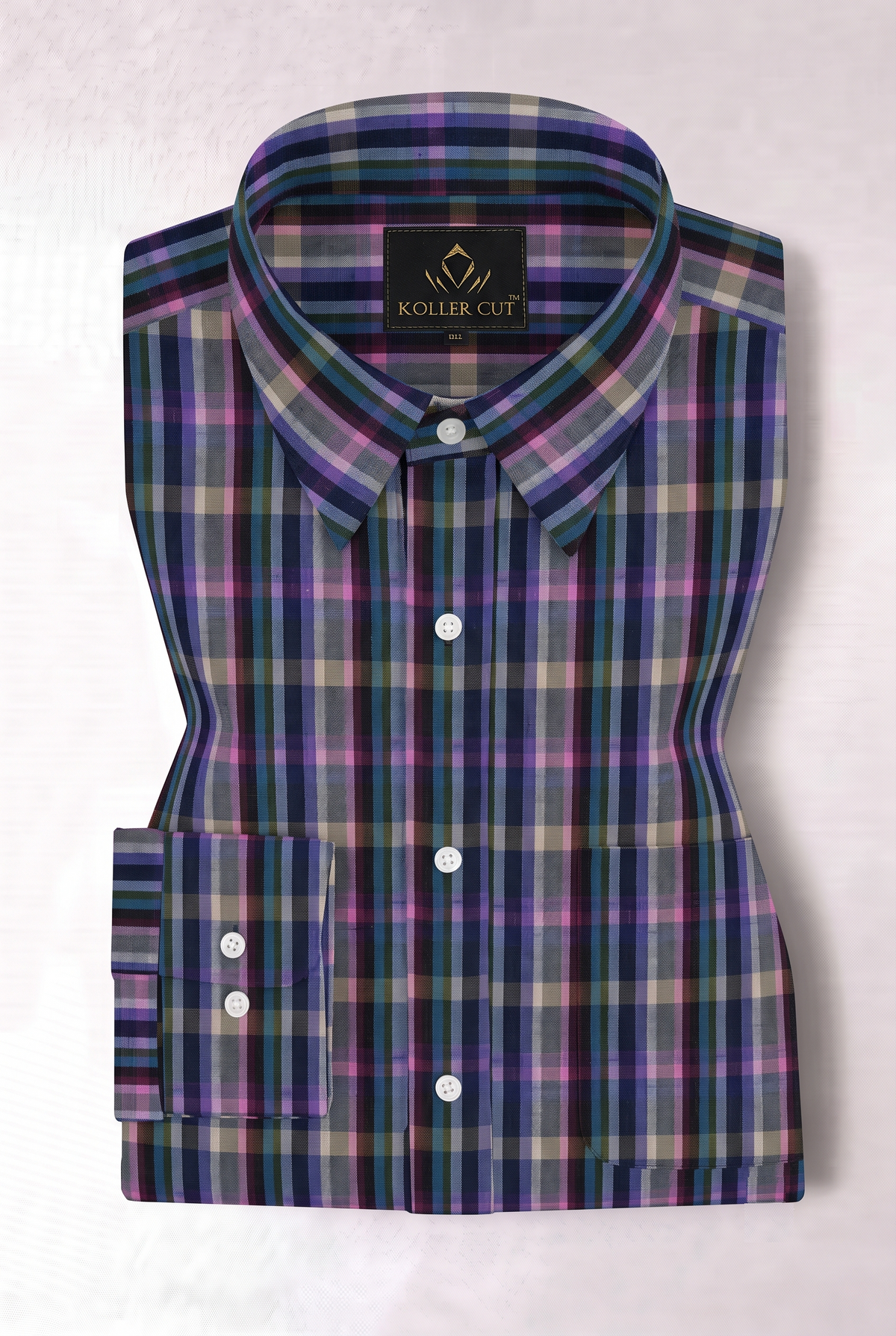 Charcoal Gray with Mulberry Purple and Indigo Blue Multicolored Checks Cotton Shirt