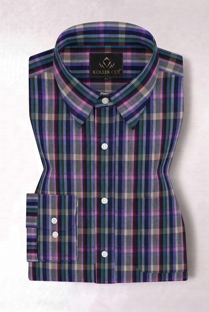 Charcoal Gray with Mulberry Purple and Indigo Blue Multicolored Checks Cotton Shirt