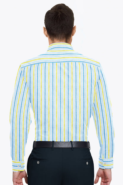 White with Pacific Blue and Pineapple Yellow Multitrack Stripes Pure Linen Shirt