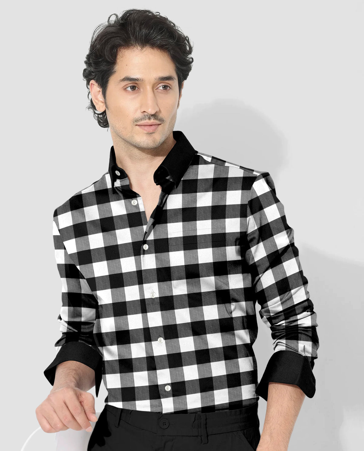 White and Carbon Black Buffalo Checks Designer Cotton Shirt