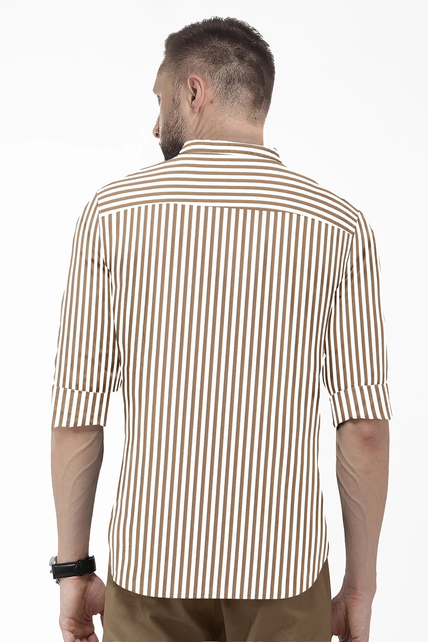 White and Antler Brown Candy Stripe Mandarin Collar Cotton Shirt