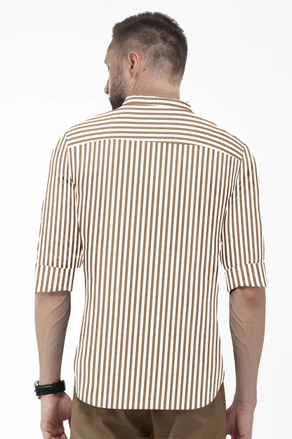 White and Antler Brown Candy Stripe Mandarin Collar Cotton Shirt