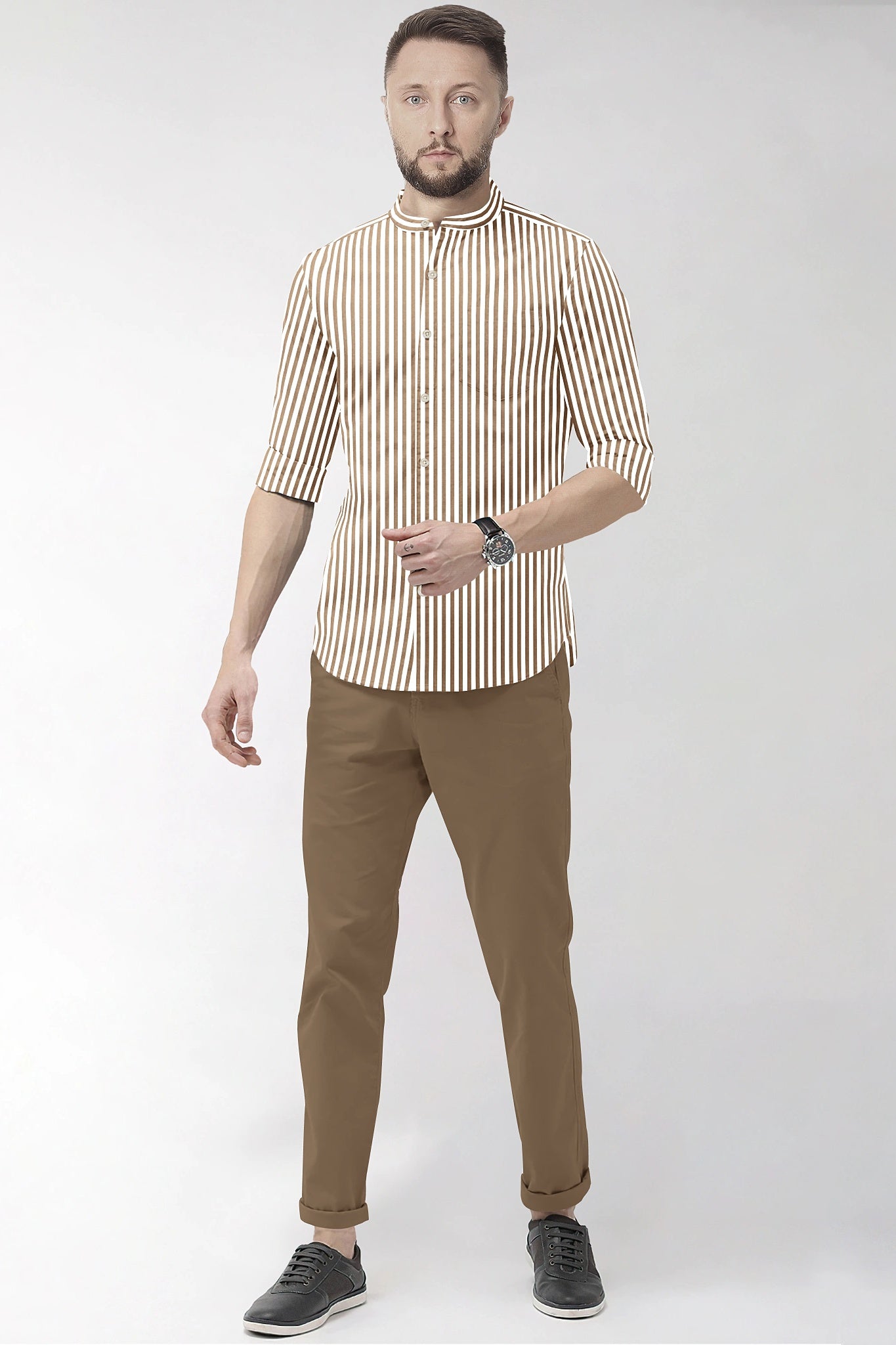 White and Antler Brown Candy Stripe Mandarin Collar Cotton Shirt