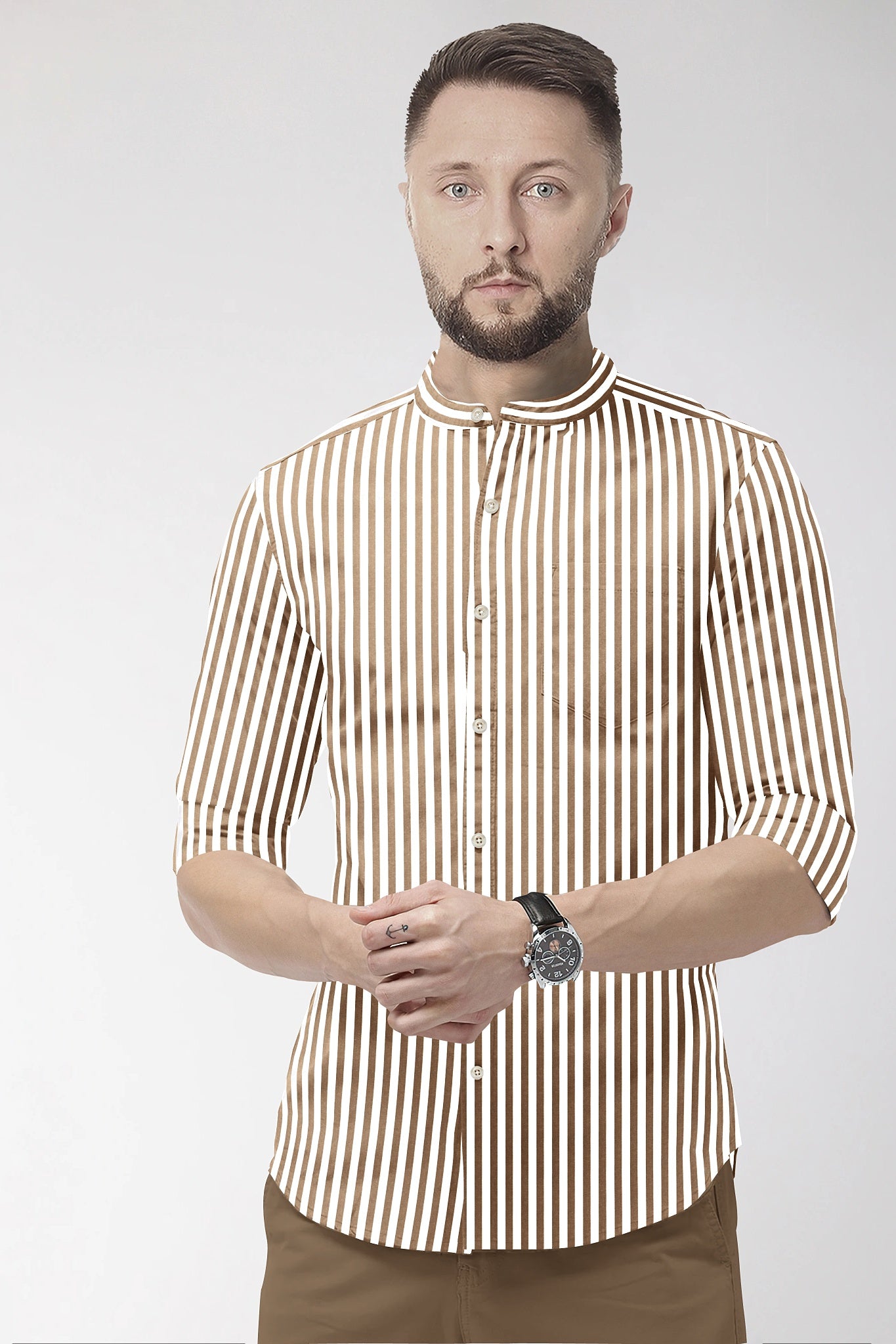 White and Antler Brown Candy Stripe Mandarin Collar Cotton Shirt