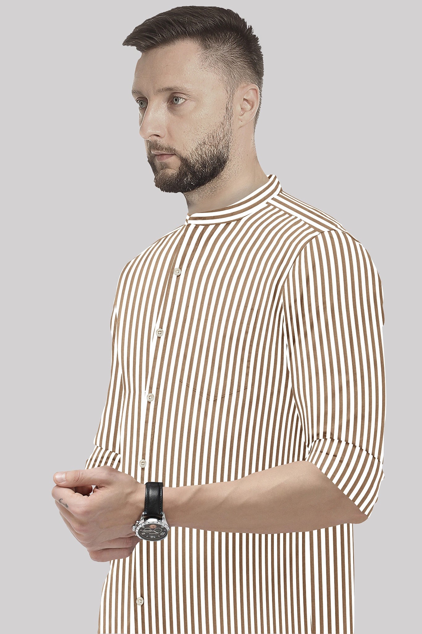 White and Antler Brown Candy Stripe Mandarin Collar Cotton Shirt