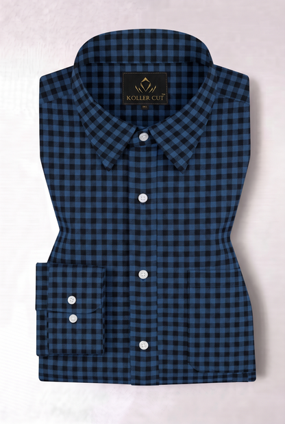 Delft Blue and Black Gingham Checks Cotton Shirt