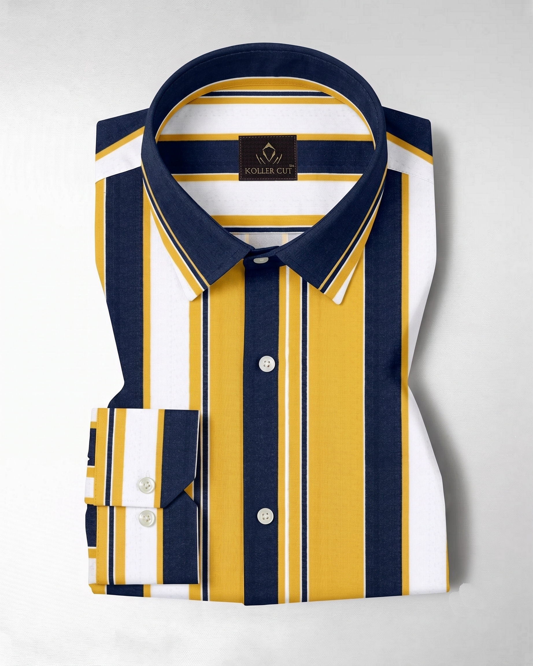 Celandine Yellow with Medieval Blue and White Stripes Cotton Shirt