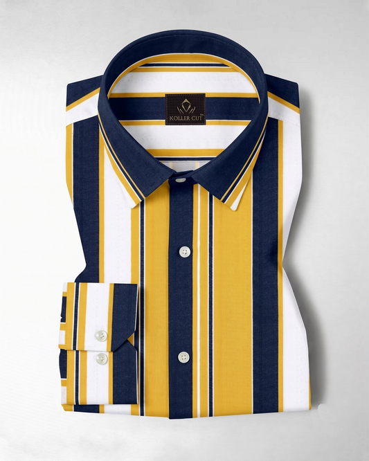 Celandine Yellow with Medieval Blue and White Stripes Cotton Shirt