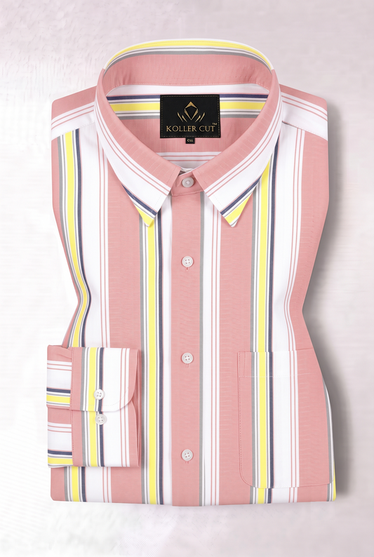 Gossamer Pink with White and Cobalt Blue Stripes Cotton Shirt