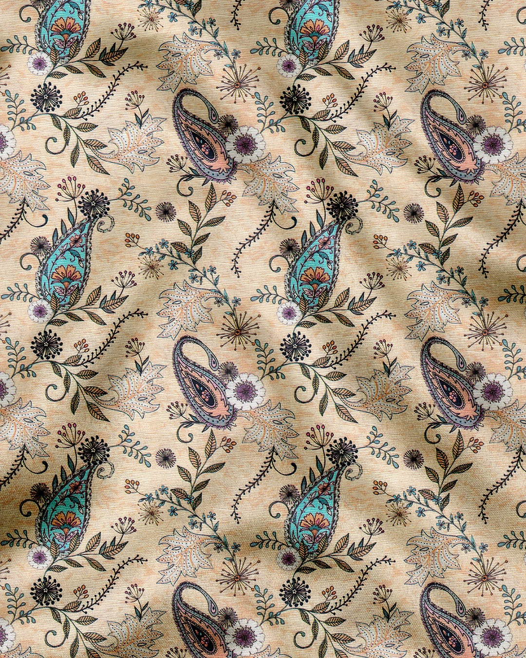 Impala Cream Cyan Blue and Tropical Peach Paisley Patterned Printed Cotton Linen Shirt