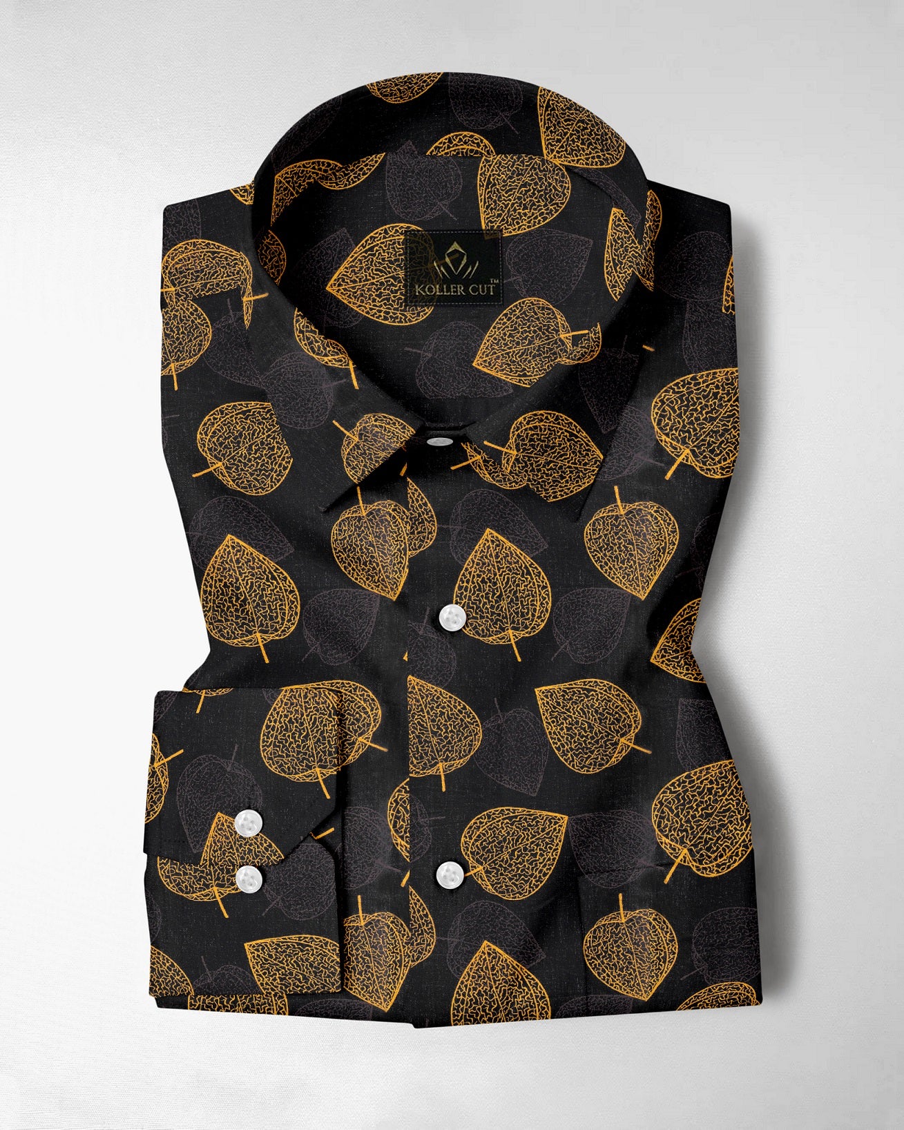 Jade black and Mustard Yellow Poplar Leaves Printed Giza Cotton Shirt- Best Printed Plus Size Shirt in India