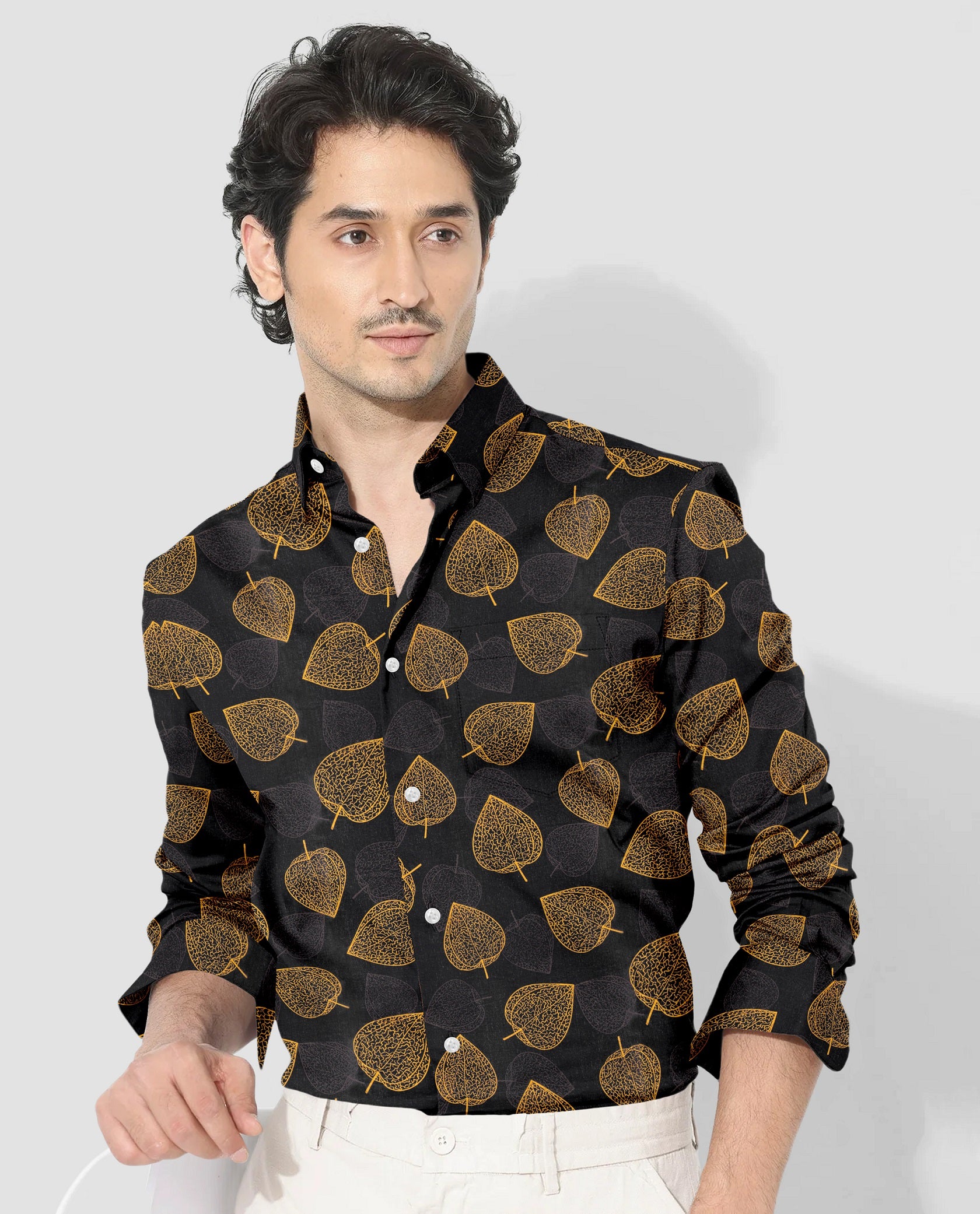 Jade black and Mustard Yellow Poplar Leaves Printed Giza Cotton Shirt- Best Printed Plus Size Shirt in India