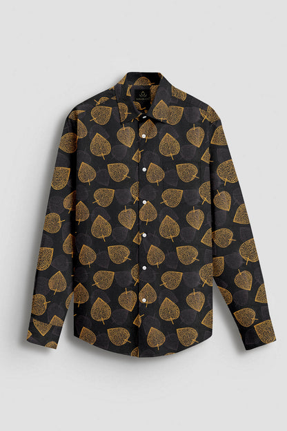 Jade black and Mustard Yellow Poplar Leaves Printed Giza Cotton Shirt- Best Printed Plus Size Shirt in India