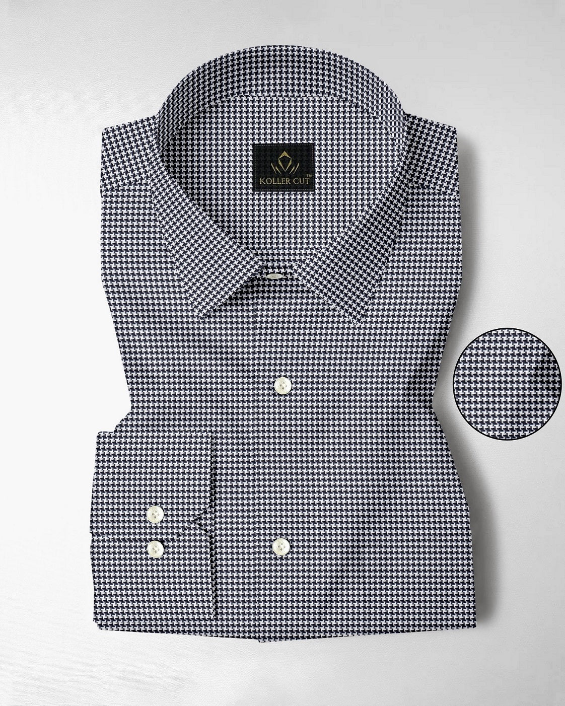 Jet Black and White Hounds Tooth Checks Cotton Shirt