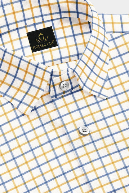 White with  Misted Yellow and Lichen Blue Checks Cotton Shirt