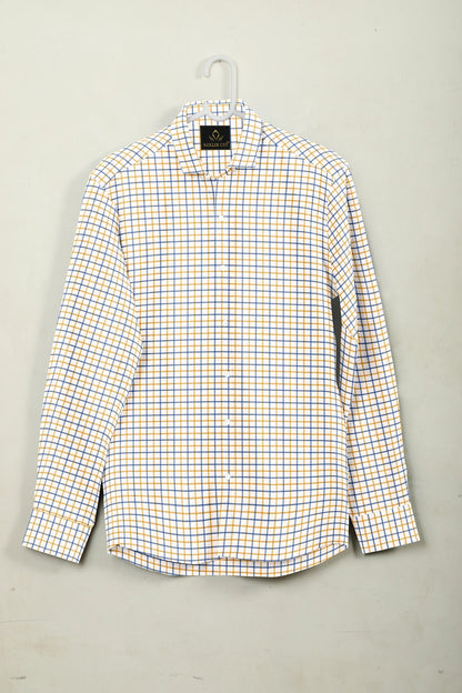 White with  Misted Yellow and Lichen Blue Checks Cotton Shirt