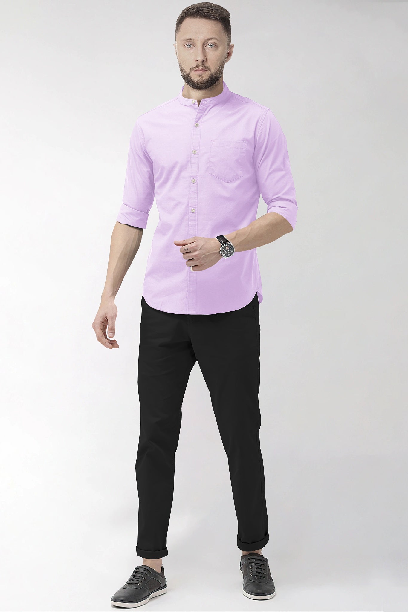 Lilac Purple Mandarin Collar Giza Cotton Shirt